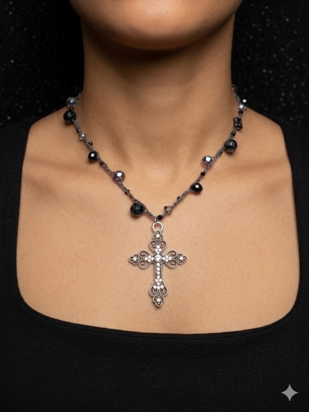 Cross Pendant Beaded Crochet Necklace Glass Beads & Clover Detail Adjustable 17”